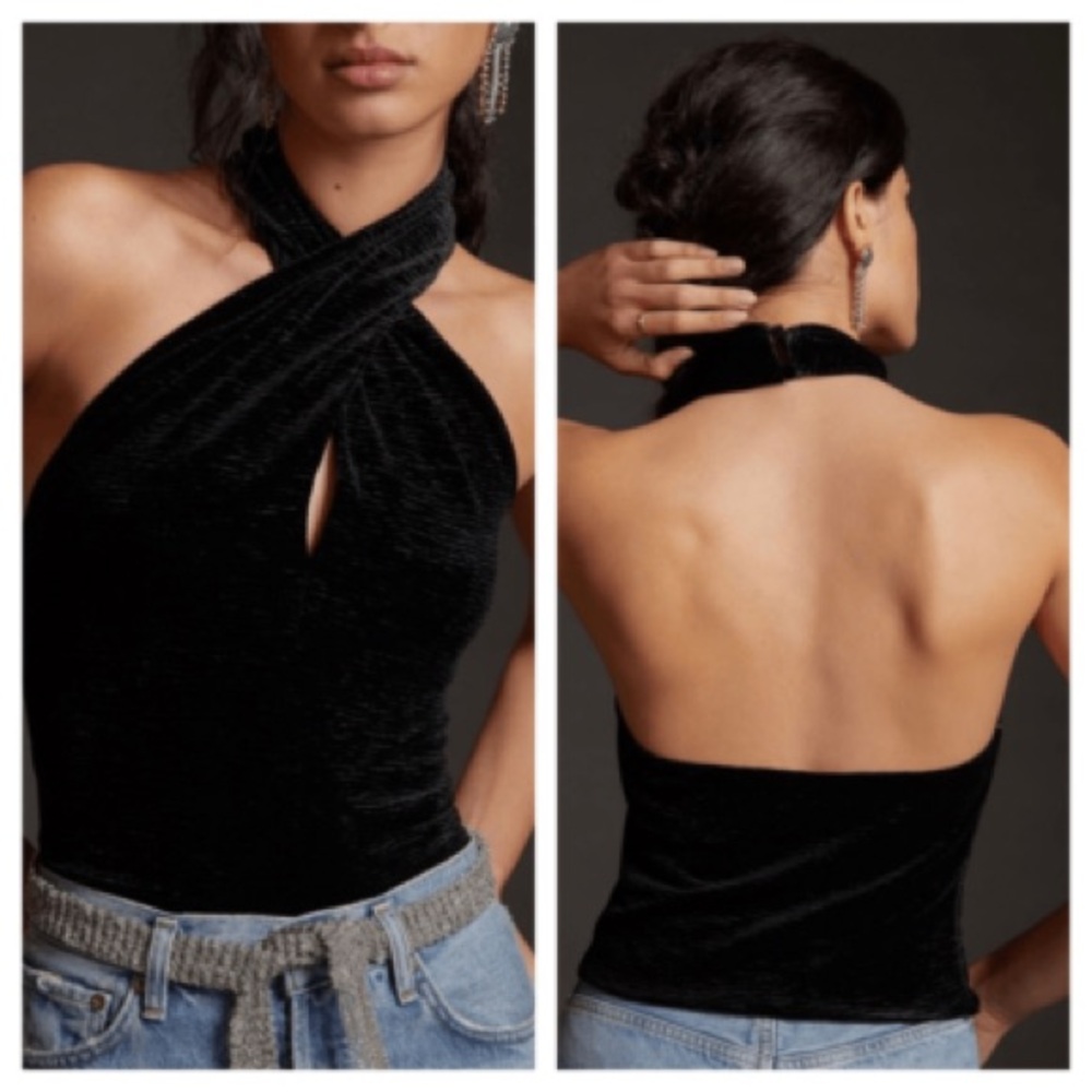 Elegant Anthropologie Dolan Left Coast Black Velvet Halter Top - Small